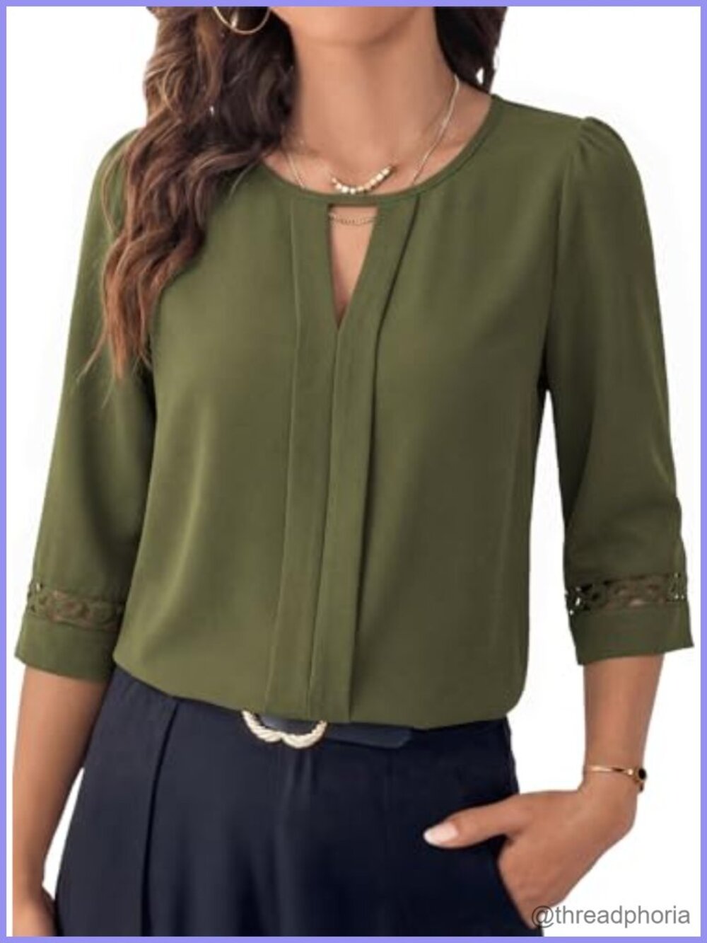 Womens 3/4 Sleeve Pleated Neck Blouse Business Casual Office Top